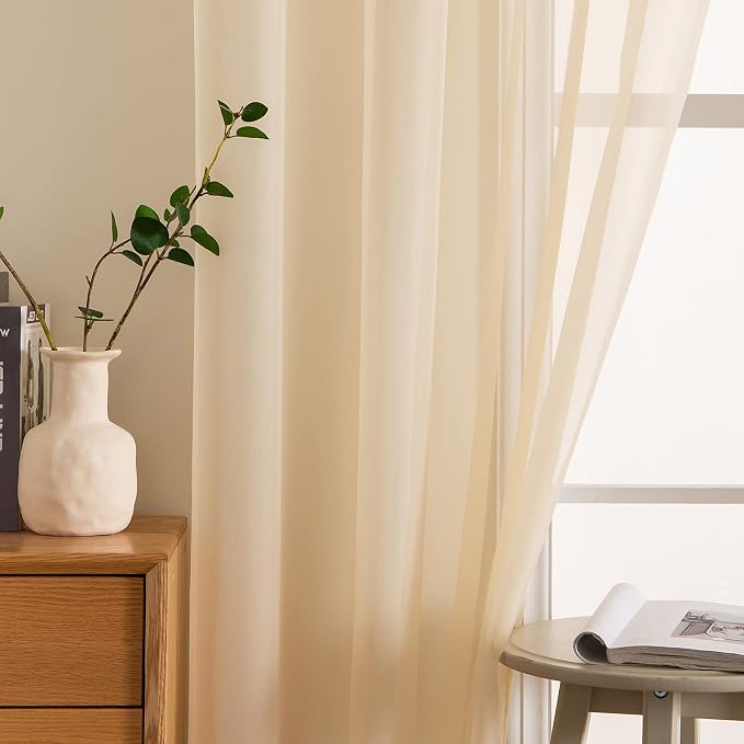 MIULEE Cream Beige Sheer Curtains 54 X 45 Inches, 2 Panels | Solid Color - Image 5