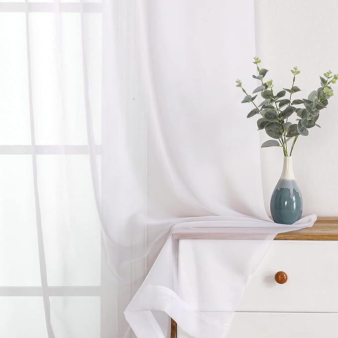 White Sheer Curtain 90 Inches Long 2 Panels Set, Solid Filmy Drapes - Image 8
