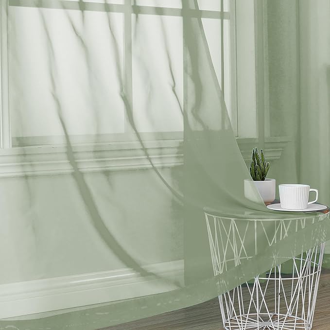 2 Pieces Sage Green Sheer Curtains 108" Length - Image 5