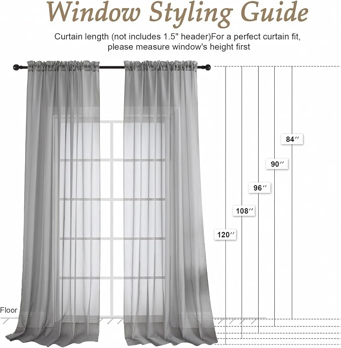 Charcoal Grey Sheer Curtains 120 Inches Long 2 Panels Set, 59 Inch Extra Wide - Image 2
