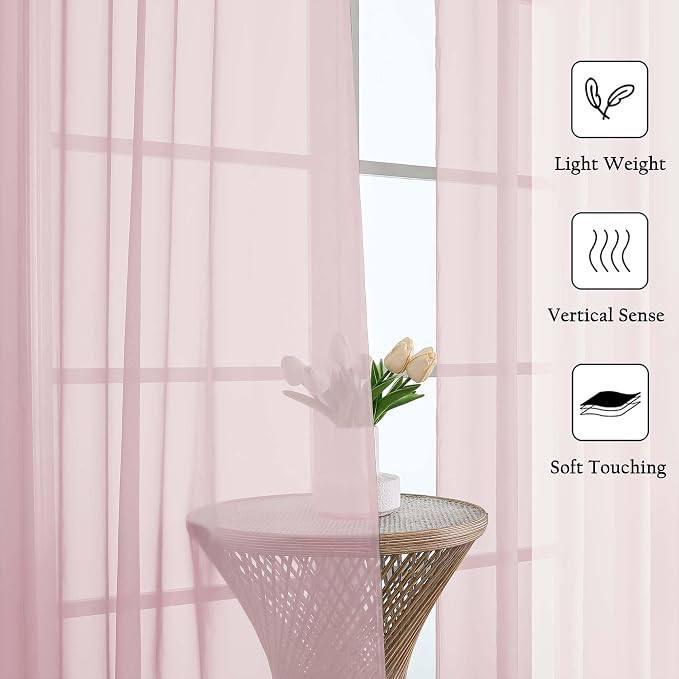 Blush Pink Sheer Curtains 108 Inches Long 2 Pcs, Dual Rod Pocket Home Decor - Image 2
