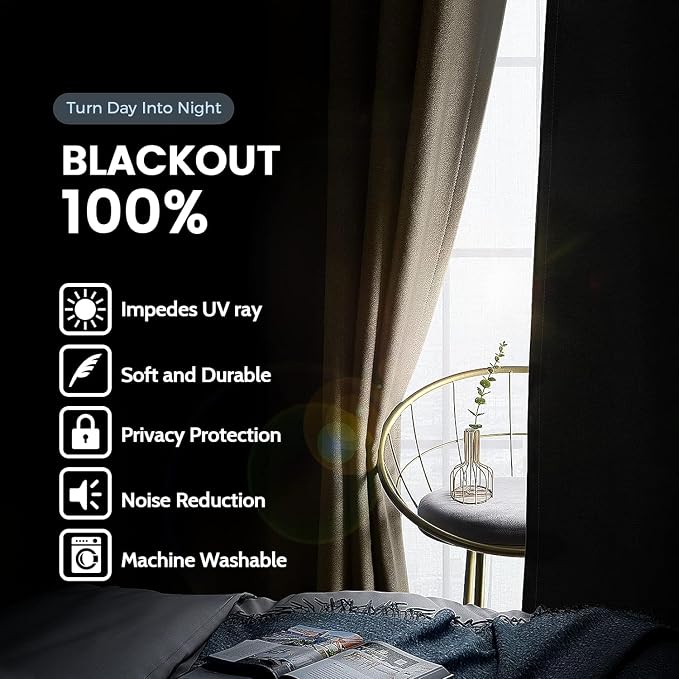 SimpleHome Beige 100% Blackout Curtains Room Darkening Living Room 54 Inch | - Image 3
