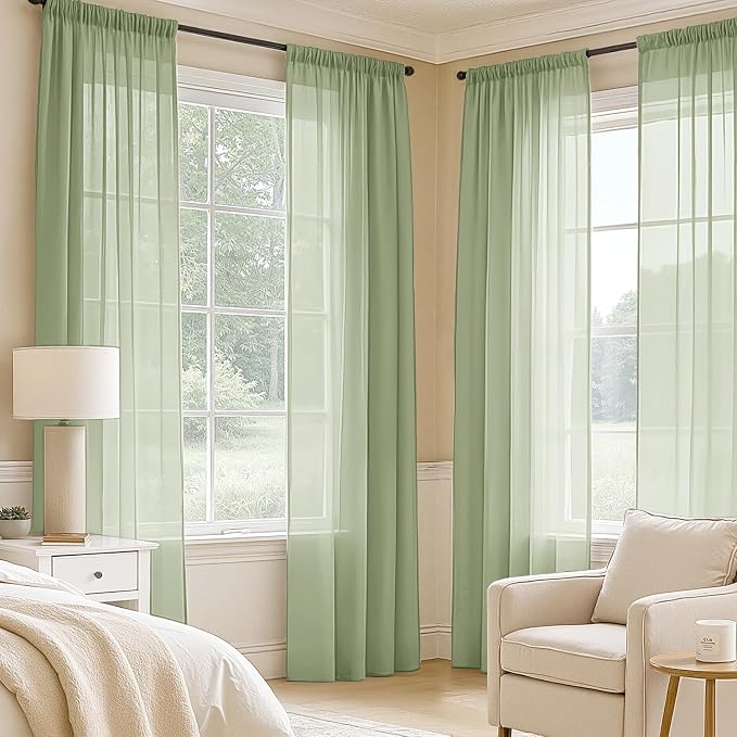 MIULEE Sage Green Sheer Curtains 108 Inches Long 4 Panels 54 x 108 Inches | - Image 2