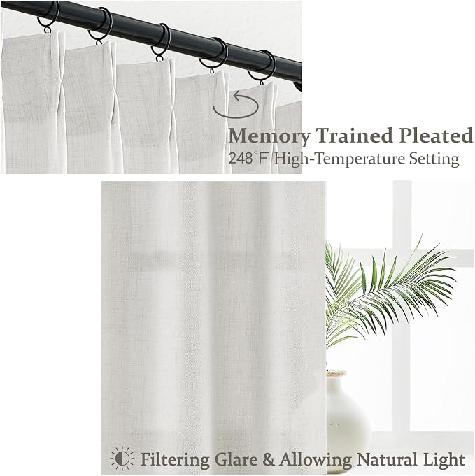 Beige White 70 Inch Extra Wide Pinch Pleat Light Filtering Sliding Glass Door - Image 3