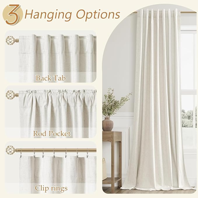 100% Blackout Linen Curtains for Bedroom 68 Inches Long Natural Cream Black Out - Image 6