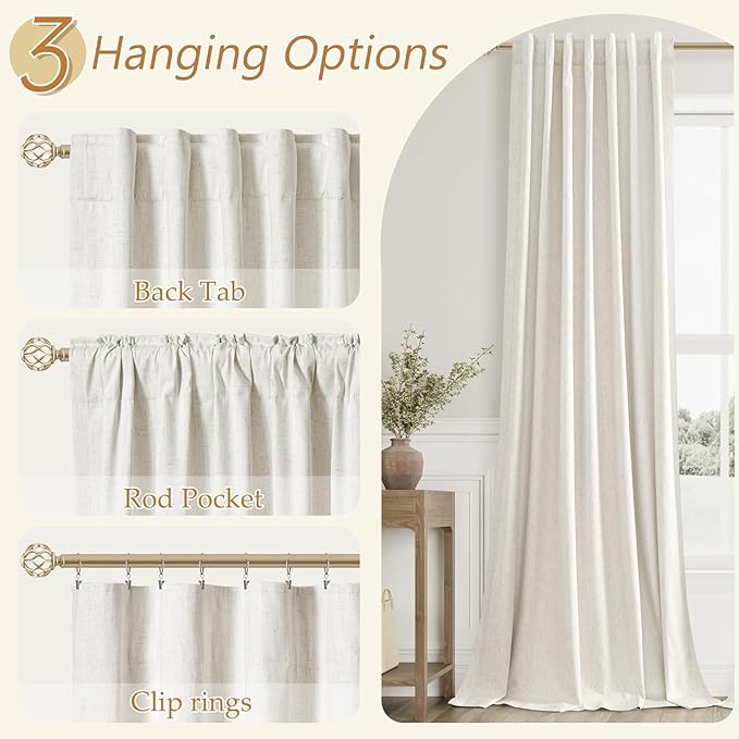 100% Blackout Linen Curtains for Bedroom 66 Inches Long Natural Cream Black Out - Image 6
