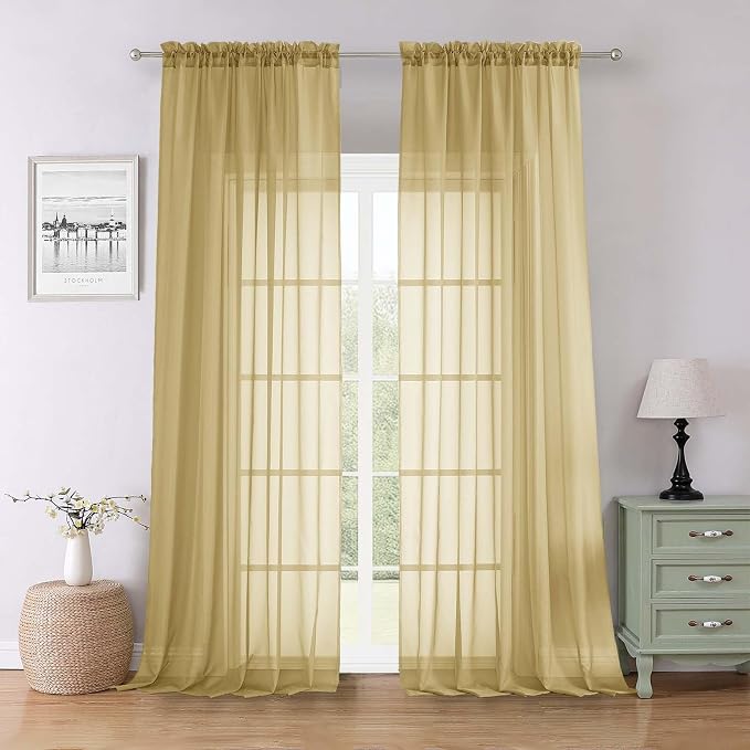 Gold Sheer Curtains 96 Inches Long 2 Panels Set, Home Decor Light Filtering by Lecloud