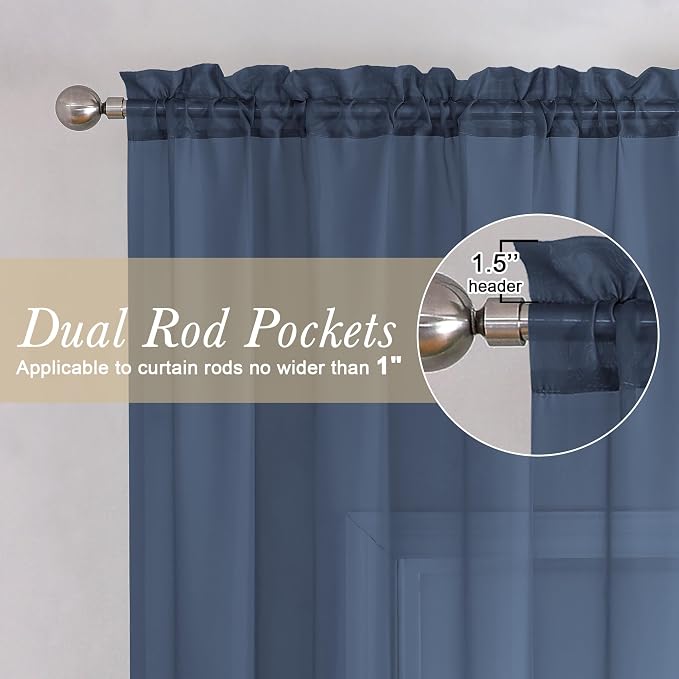 Navy Blue Sheer Curtains 63 Inch Long 2 Panels, Elegant Voile Drapes - Image 2