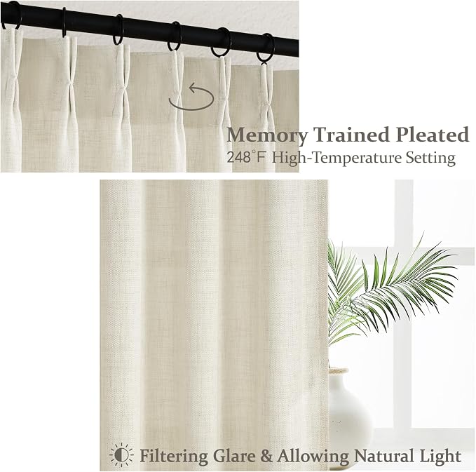 Pinch Pleated 70 Inch Extra Wide Cream Light Filtering Dining Room Curtains 96 - Image 4