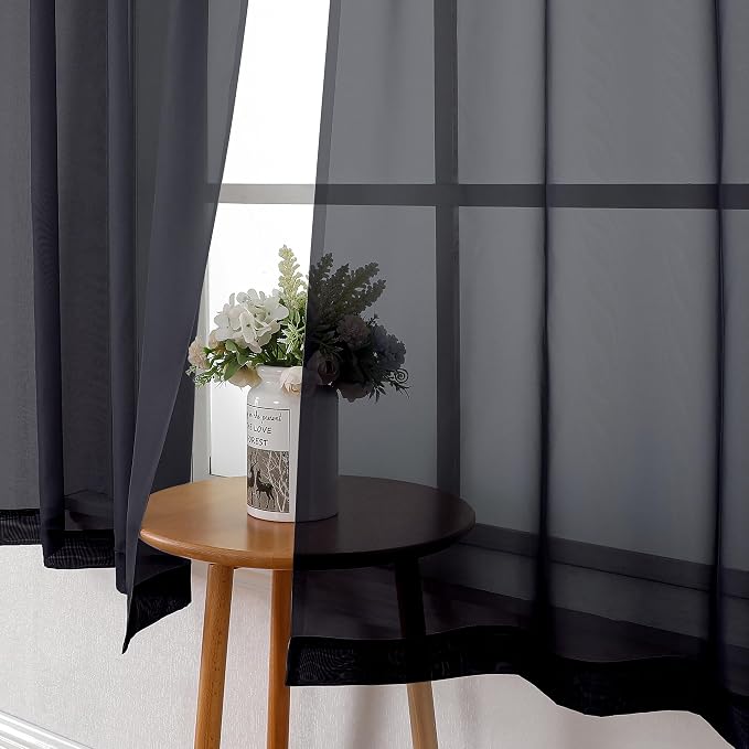 Black Sheer Curtains 68 Inch Length 2 Pcs, Light Filtering Rod Pockets Window - Image 6