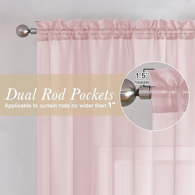 Blush Pink Sheer Curtains 108 Inches Long 2 Pcs, Dual Rod Pocket Home Decor - Image 6