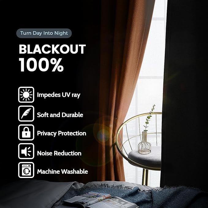 SimpleHome Orange 100% Blackout Curtains Room Darkening Living Room 90 Inch | - Image 3