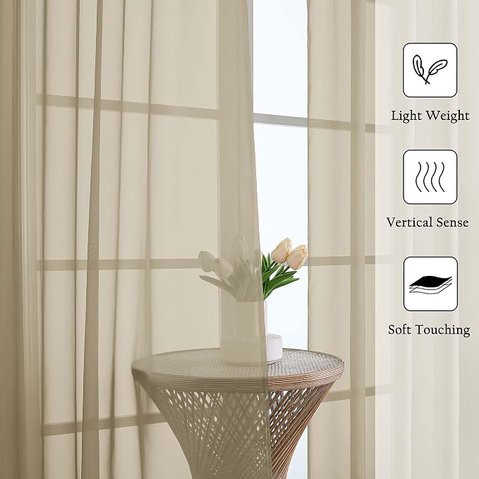 Taupe Sheer Curtains 96 Inches Long 2 Panels Set, Home Decor Light Filtering - Image 2