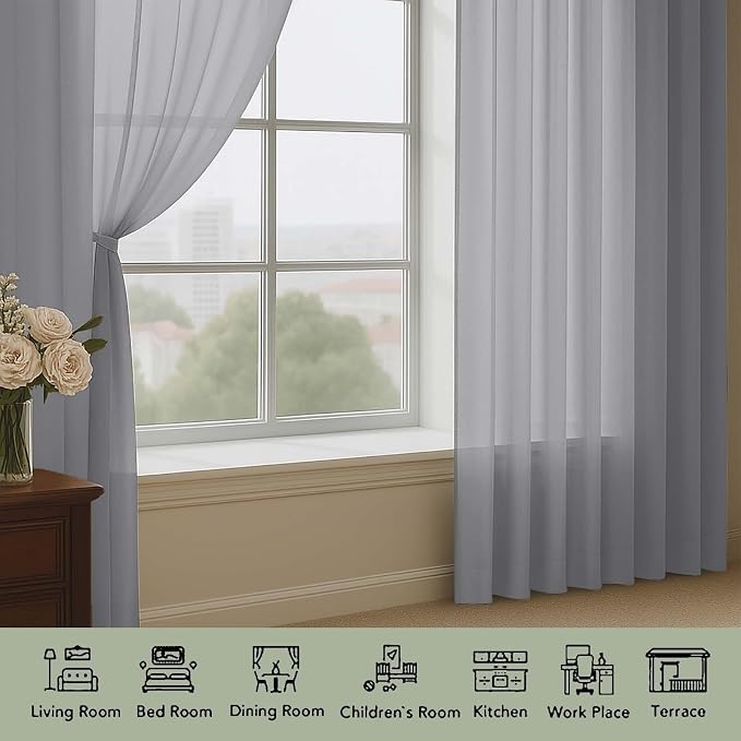 Grey Sheer Curtain 90 Inches Long 2 Panels Set, Solid Filmy Drapes - Image 3