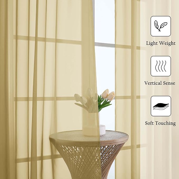 Gold Sheer Curtains 96 Inches Long 2 Panels Set, Home Decor Light Filtering - Image 2
