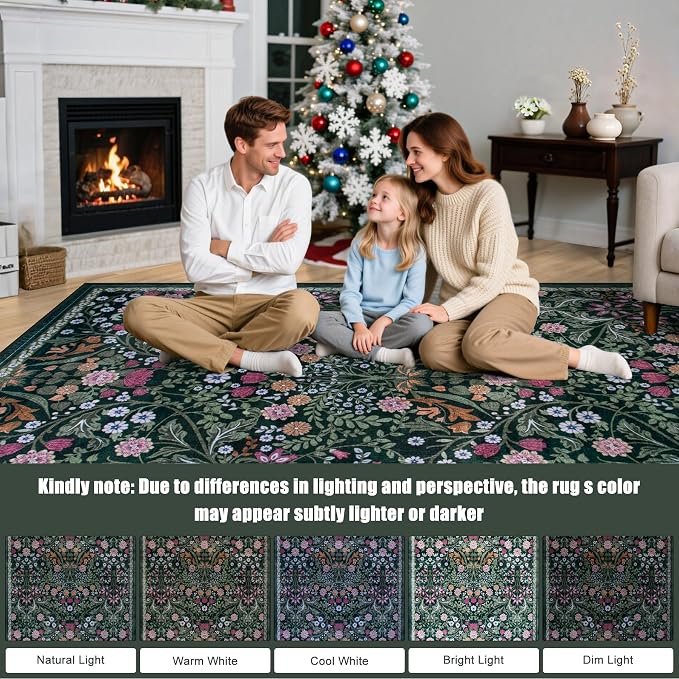 PLHXFR Area Rug 9x12 Living Room: Floral Washable Boho Carpet Dark Green | - Image 9
