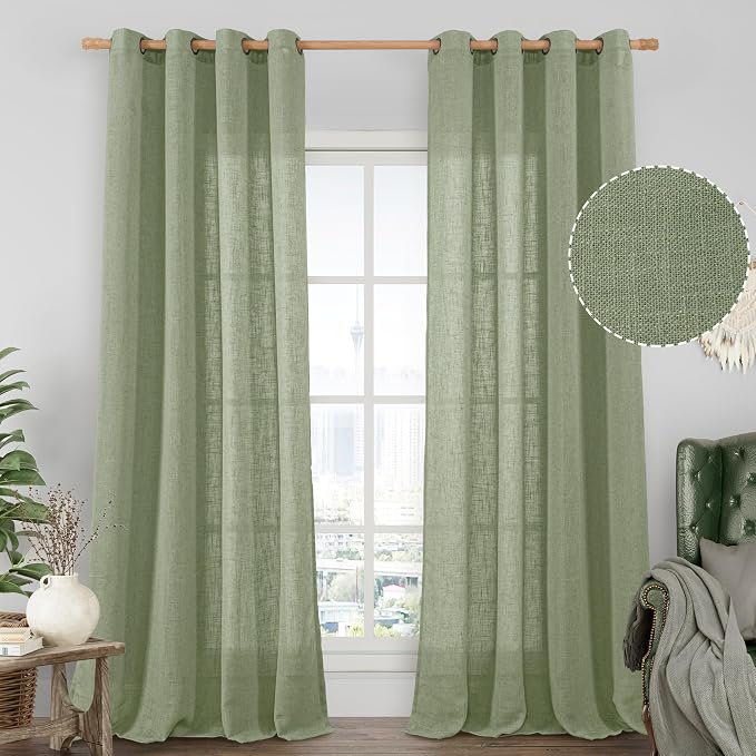 Sage Green Linen Sheer Curtains 84 inch by LAMIT