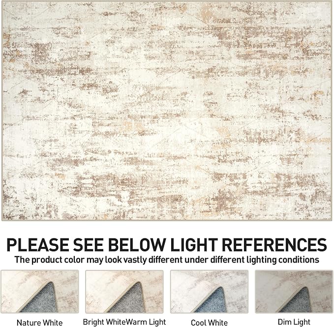 8x10 Area Rugs for Living Room: Washable Abstract Beige Grey Badroom Carpet | - Image 8