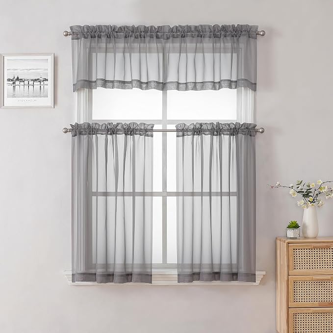 Charcoal Grey Sheer Curtains 14 Inch Length 2 Panels Set, Light Reducing Short - Image 2