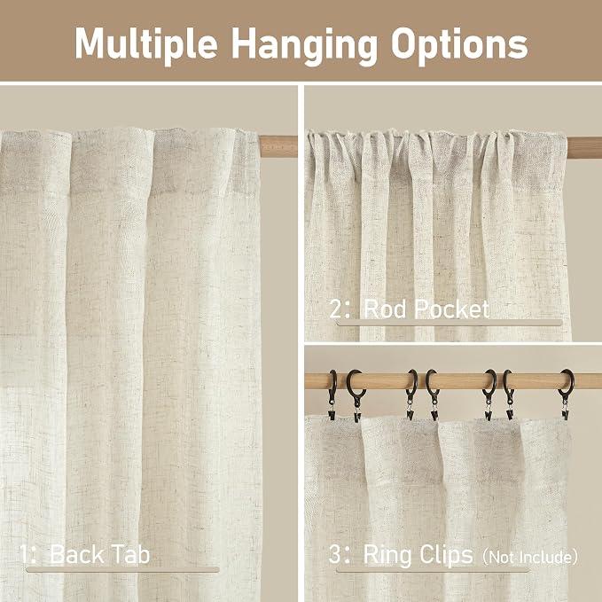 60 Inch Wide Linen Curtains for Bedroom Semi Sheer Panels 60 x 63 Inch - Image 3