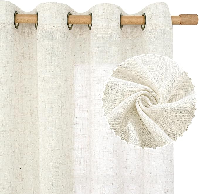 Cream Linen Curtains 80 inches Long 2 Panels Set, Sheer White Light Filtering - Image 2