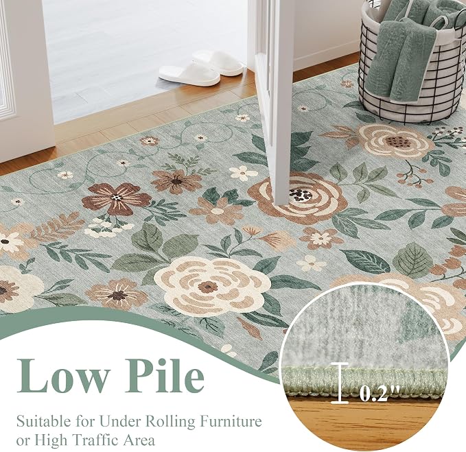 DUKINO 2x4 Entryway Rug, Floral Washable Kitchen Rugs Non Slip, Sage Green | - Image 7