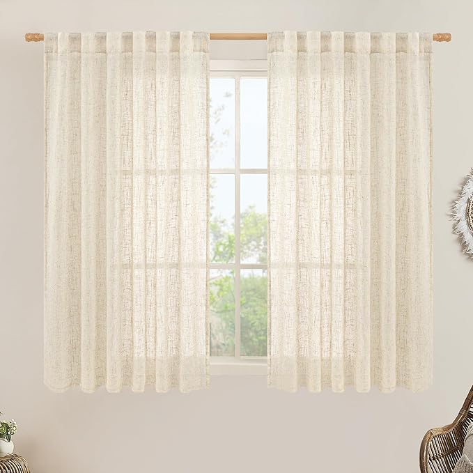 Semi Sheer Linen Curtains 54 Inch Length 2 Panels, 52 x 54 Inch | Beige by LAMIT
