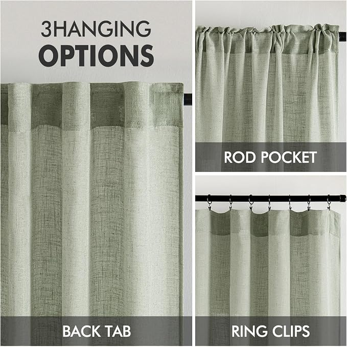 MIULEE Sage Linen Curtains 52x54 Inch Long 2 Panels of Green Window Drapes | - Image 3