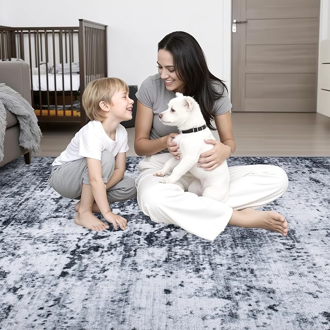 2.6x10 Washable Runner Rug:Modern Abstract Indoor Carpet Black | - Image 10