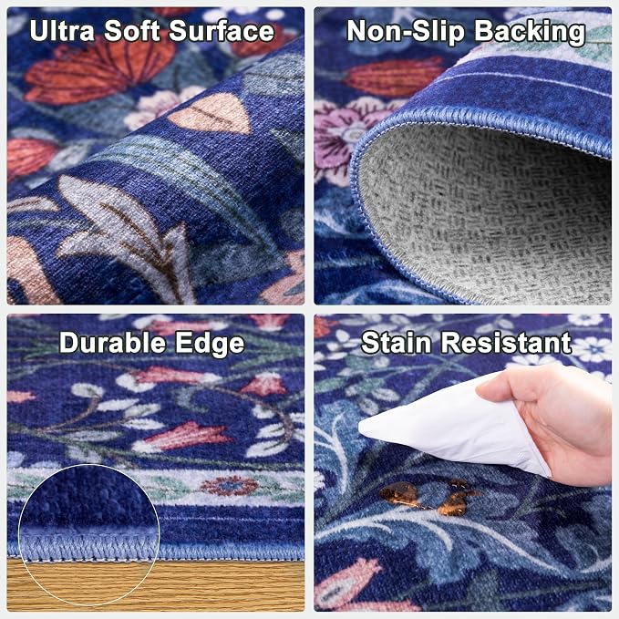 PLHXFR 2x3 Small Entryway Rug: Floral Washable Indoor Soft Carpet Blue | - Image 7