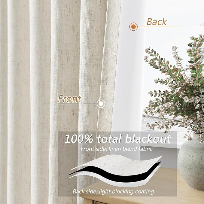 100% Blackout Linen Curtains for Bedroom 68 Inches Long Natural Cream Black Out - Image 4