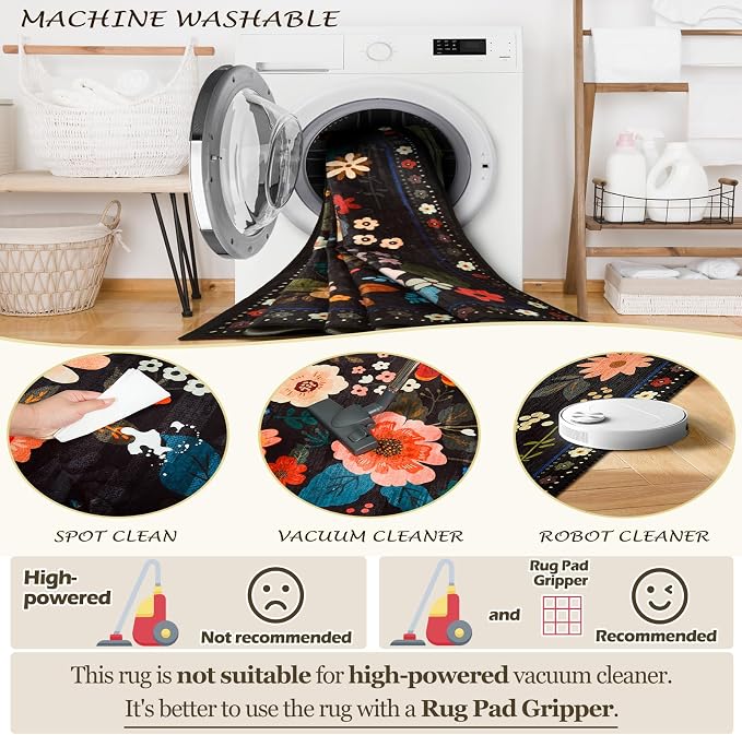 RELEANY Floral Washable 8x10 Area Rugs Black | Flower Carpet Print Boho Cute - Image 5