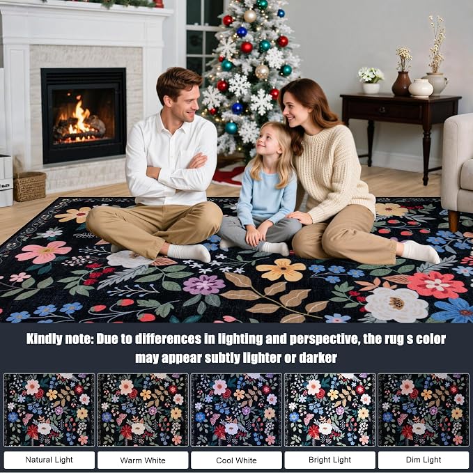 PLHXFR 8x10 Area Rug Living Room: Floral Washable Boho Soft Carpet Black | - Image 9