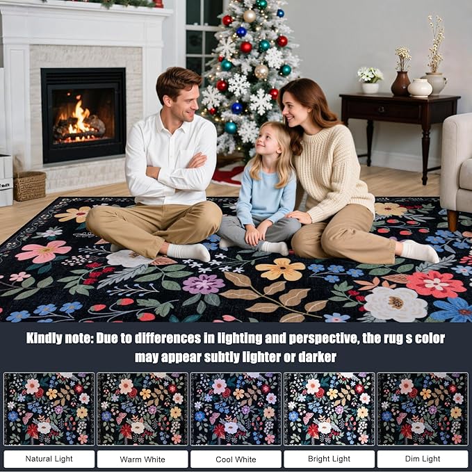 PLHXFR 6x9 Area Rug Living Room: Floral Washable Boho Soft Carpet Black | - Image 9