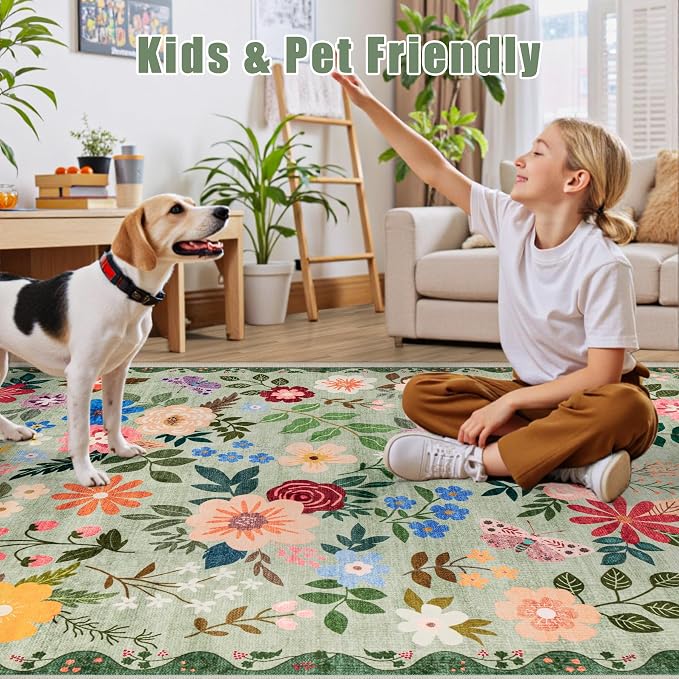 PLHXFR Area Rug Living Room: 3x5 Floral Washable Boho Soft Carpet Green | - Image 6