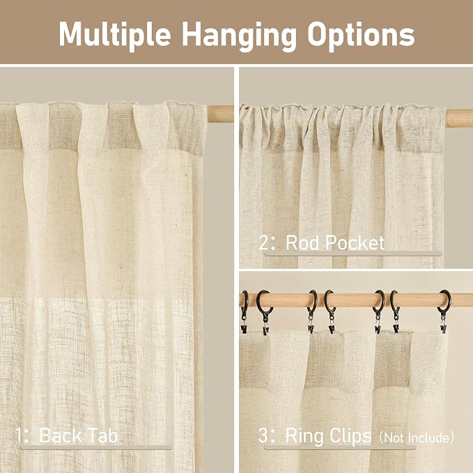 102 inches Long Sheer Linen Curtains 2 Panels, 52 x 102 Inch | Linen Textured - Image 2