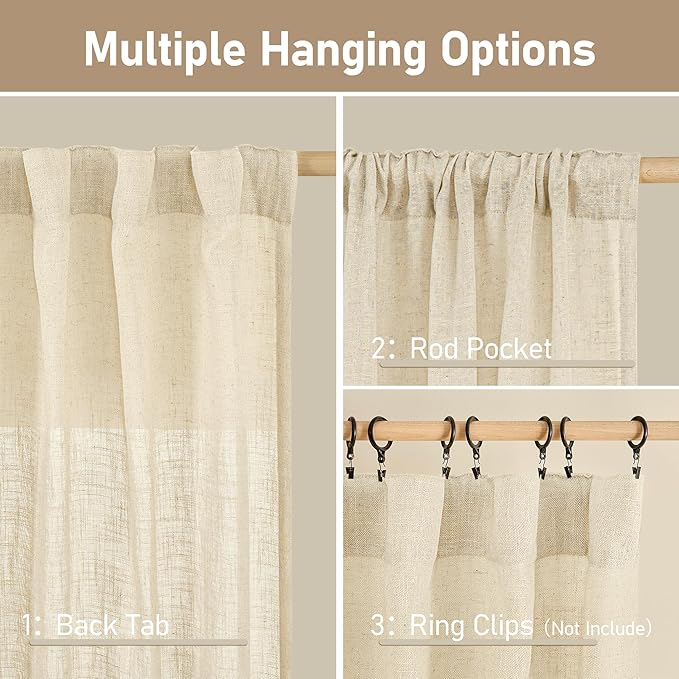 Semi Sheer Linen Curtains 54 Inch Length 2 Panels, 52 x 54 Inch | Beige - Image 3