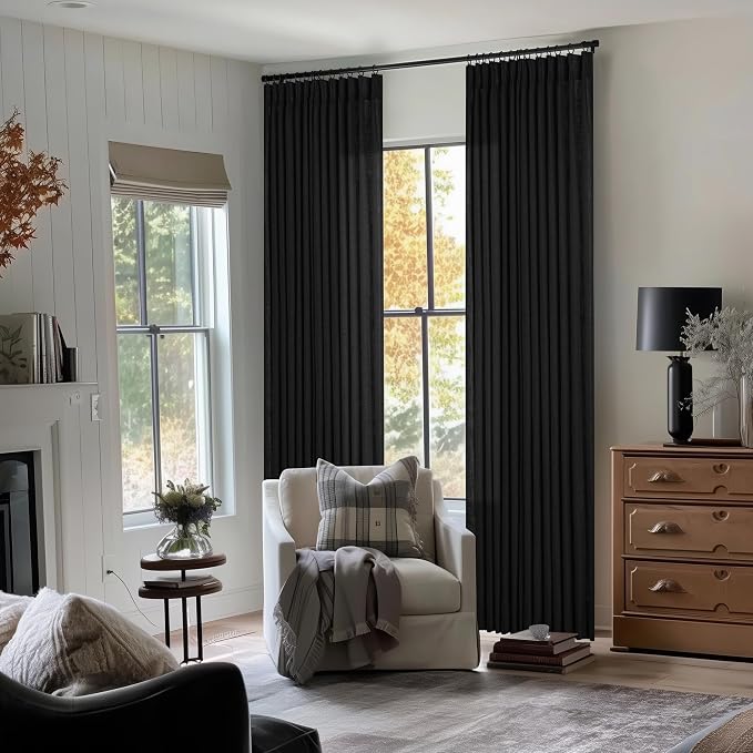 Black Pinch Pleated Linen Semi Sheer 120 Inch Curtains 2 Panels | Light - Image 8