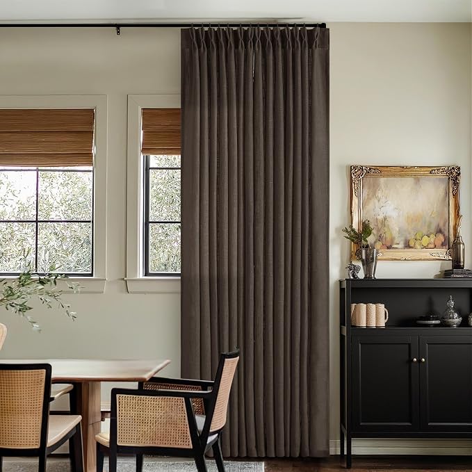 Dark Chocolate 102 Inch Pinch Pleated Semi Sheer Linen Curtains 2 Panels | - Image 9