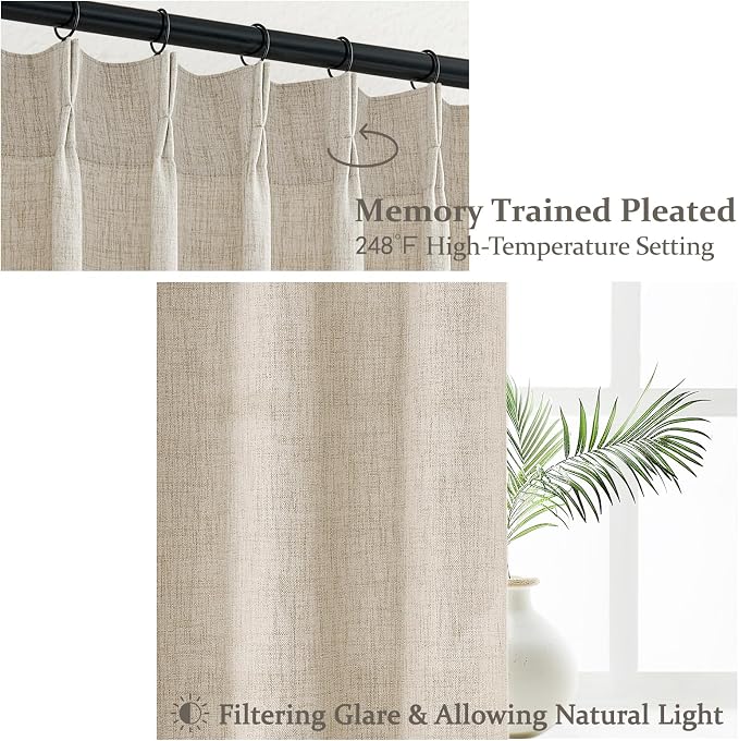 PleatedDrapes 96 Inch Curtains 2 Panel Set, Modern Linen Pleat Back Tab Dining - Image 3