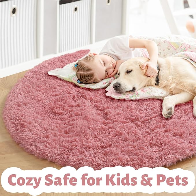 Amdrebio Blush Pink Small Round Furry Rug 3Ft - Image 3