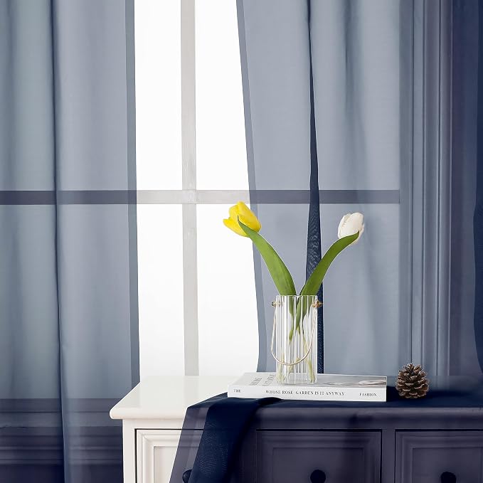 Navy Blue Sheer Curtains 45 Inch Long 2 Panels, Short Voile Drapes - Image 4
