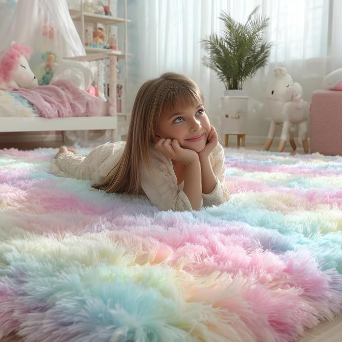 Fluffy Vibrant Area Rugs for Girls Bedroom, Plush Shaggy Colorful Rugs for Kids - Image 2