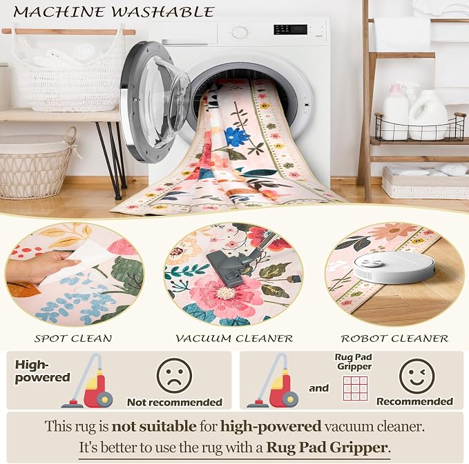 RELEANY Floral Washable 9x12 Area Rugs Pink | Flower Carpet Print Boho Cute Non - Image 4