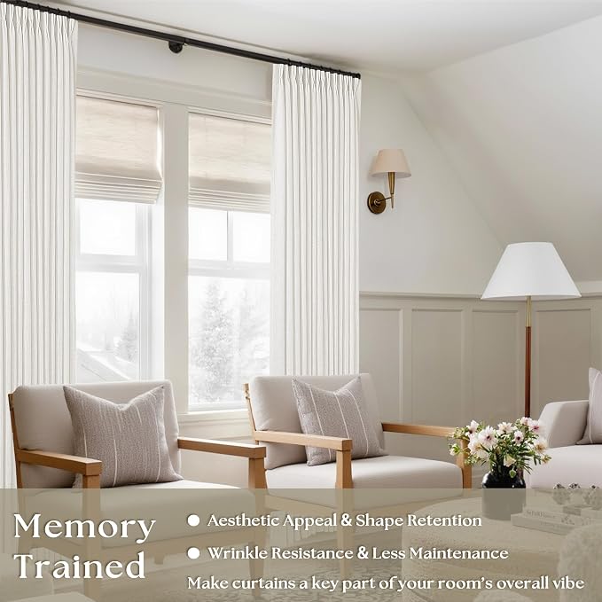 Beige White Pinch Pleated Linen Curtains 2 Panels 102 Inches Long | Thick Linen - Image 2