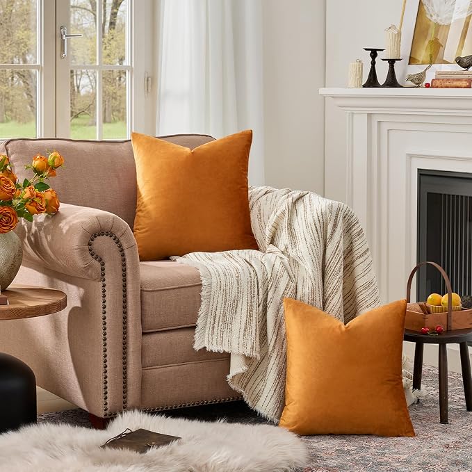 GIGIZAZA Orange Velvet Pillow Covers 16x16 Decorative Pillows Pack of 2 | Throw - Image 3