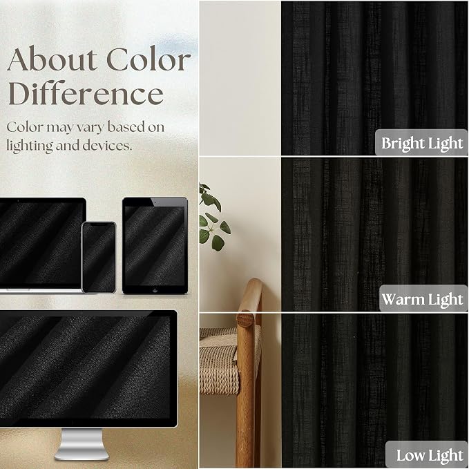 Black Pinch Pleated Linen Semi Sheer Curtains 45 Inch Length 2 Panels Set | - Image 4