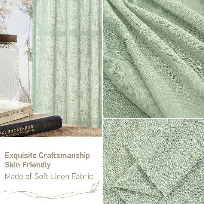 Fresh Green Linen Boho Curtains 68 inch Length 2 Panels - Image 6