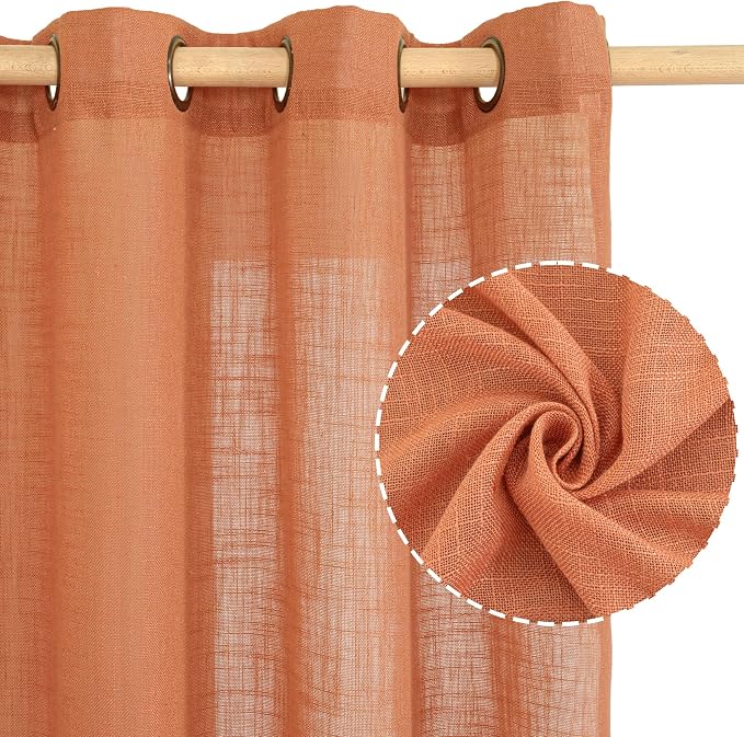 Burnt Orange Sheer Linen Curtains 54 Inch Length, Light Filtering Panels Bronze - Image 2