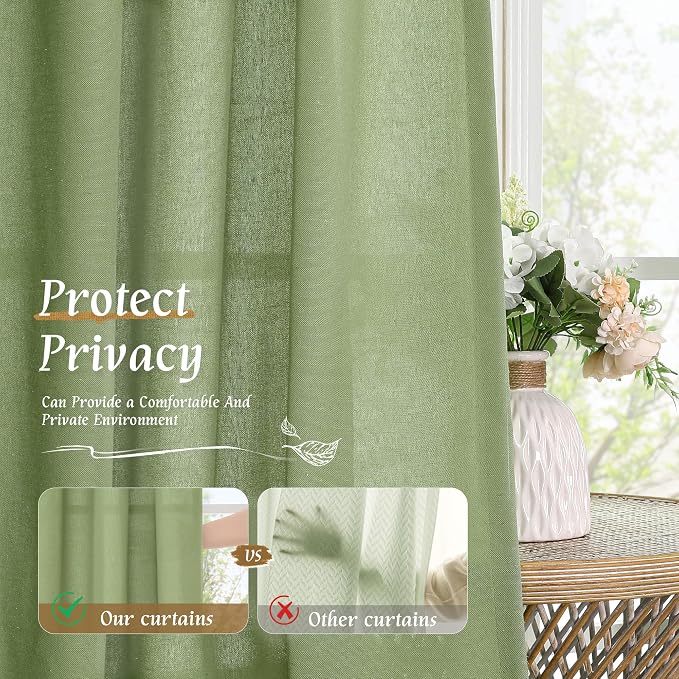 Sage Green Linen Curtains for Living Room 84 inch Length 2 Panels | Light - Image 5